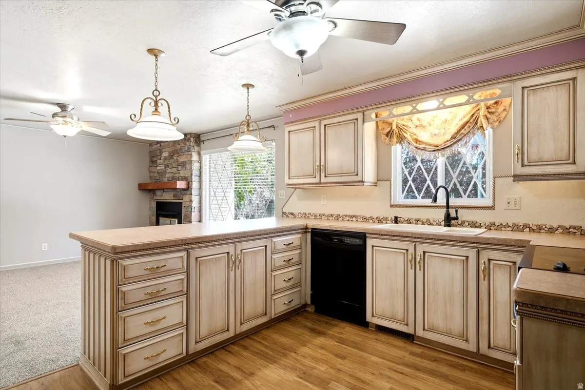 Kitchen island with extensive cabinetry and countertop space