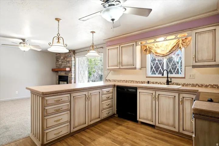 Kitchen island with extensive cabinetry and countertop space