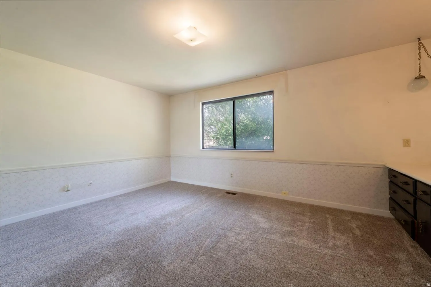 Carpeted room featuring a window, built-in cabinetry with a white countertop, and a ceiling-mounted light fixture