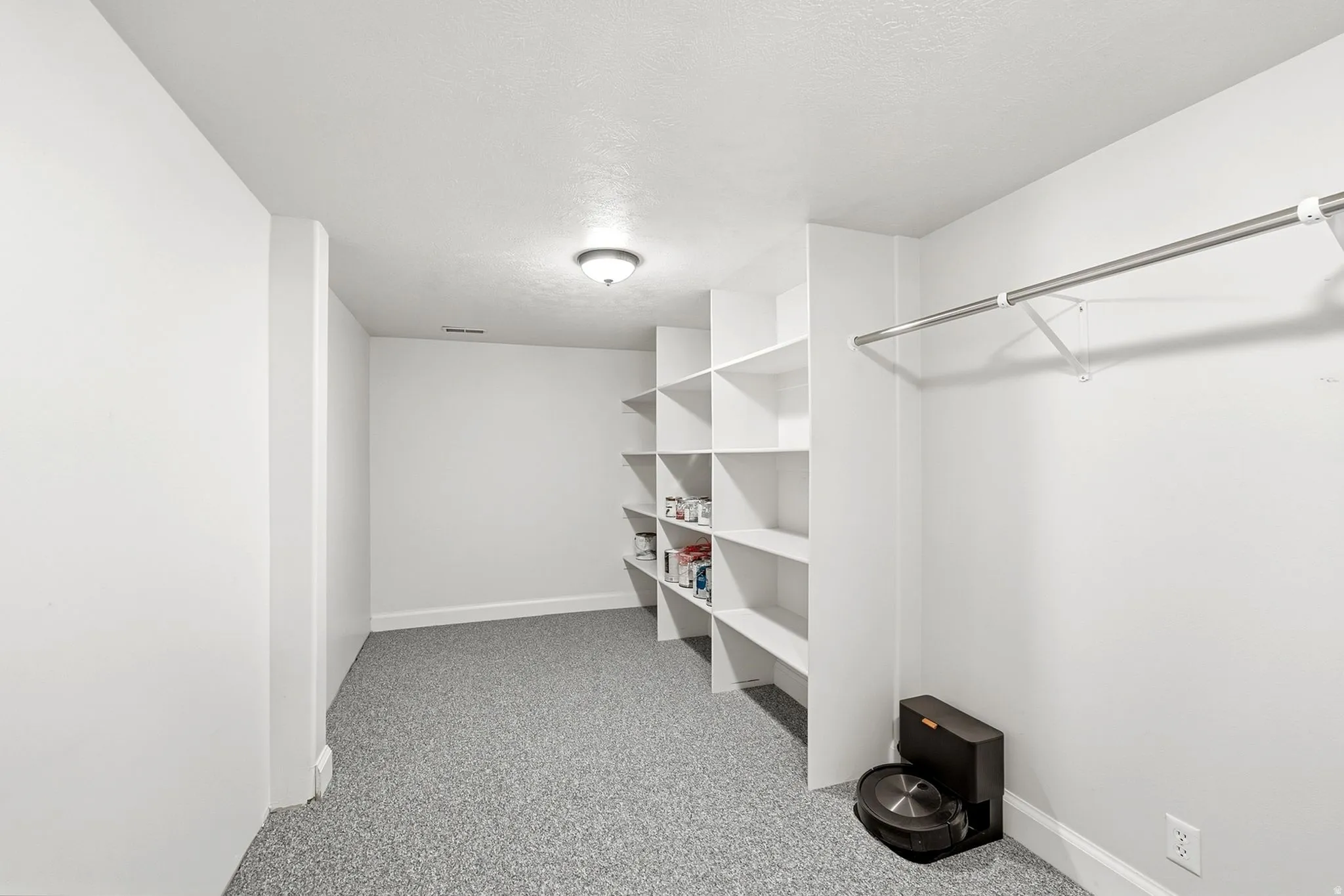 Built-in shelving, integrated closet rod, wall-to-wall carpeting, overhead lighting, and white baseboards