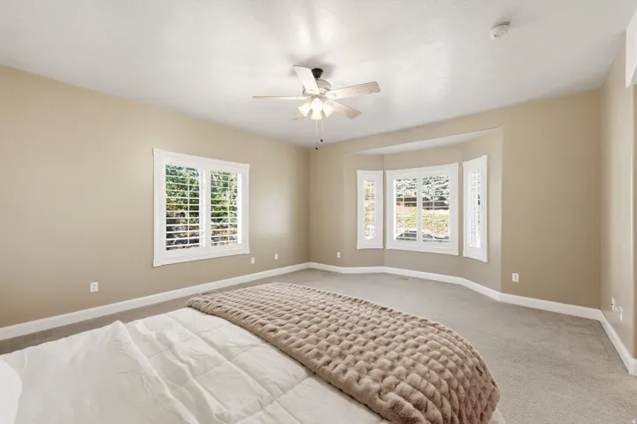 Spacious room featuring carpeting, a ceiling fan, and multiple windows with plantation shutters