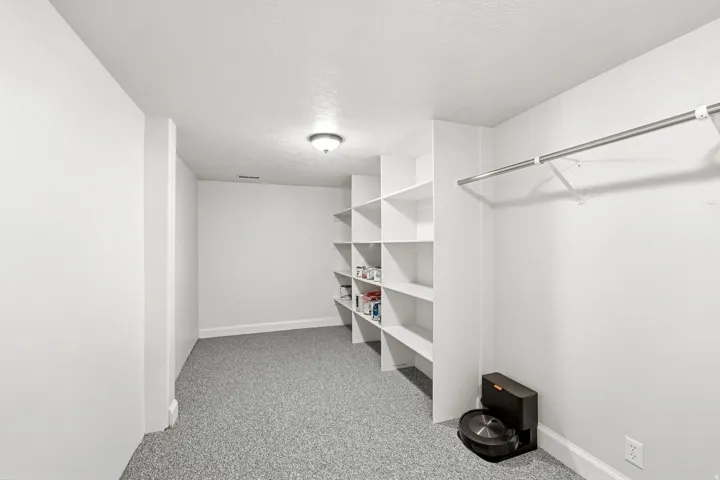 Built-in shelving, integrated closet rod, wall-to-wall carpeting, overhead lighting, and white baseboards