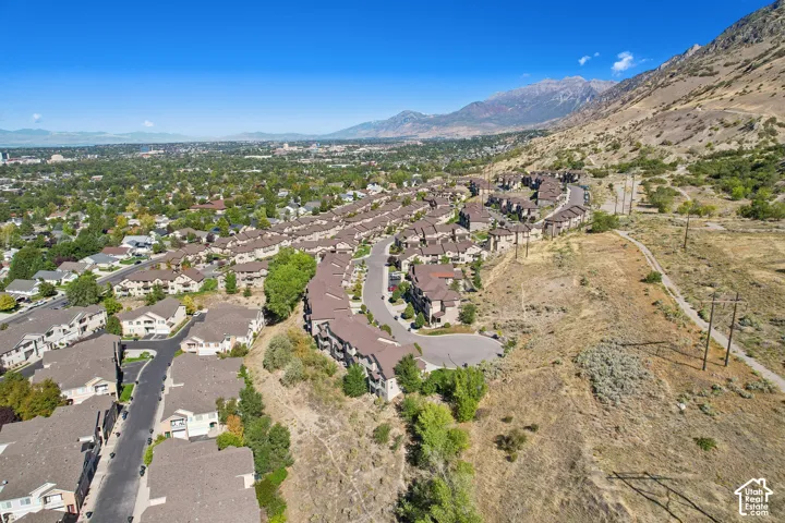 Residential neighborhood with established homes, mountain backdrop, and expansive natural terrain
