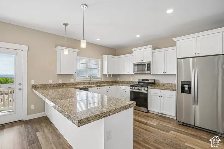 Kitchen featuring white cabinetry, granite countertops, wood-finish flooring, stainless steel appliances, and pendant lighting