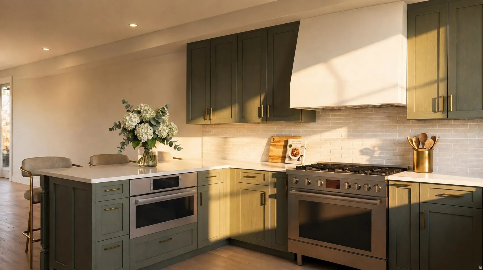 Georgetown B kitchen rendering in Heritage green palette. Stainless steel Bosch appliances