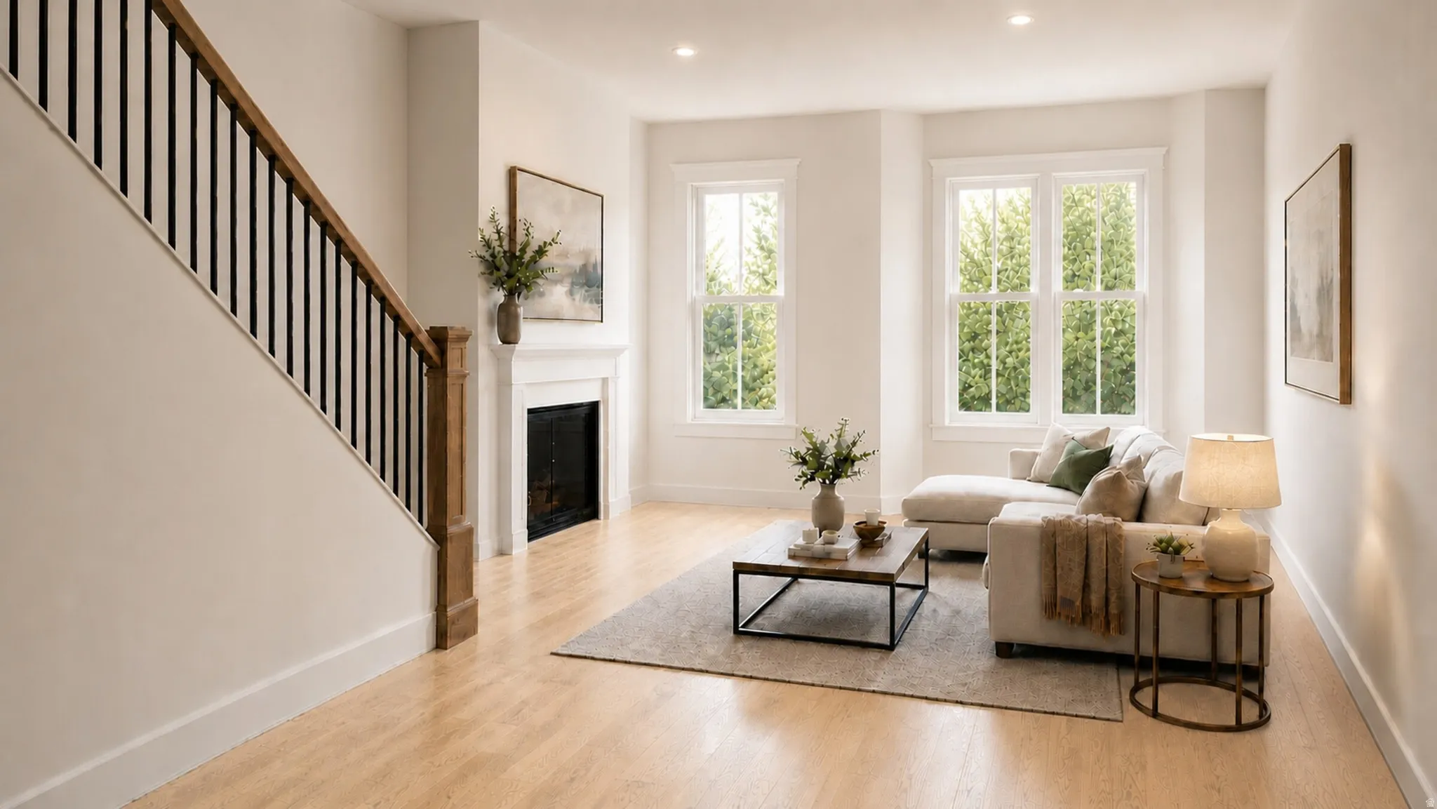 Living area rendering of Georgetown B plan offers large windows for lots of natural light and some units offer fireplace. Unit 102 does not.