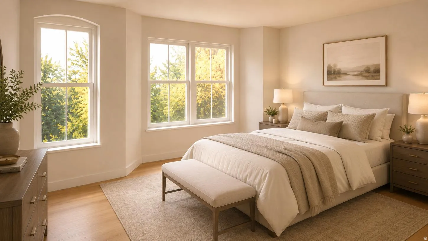 Primary suite rendering for Georgetown B plan offer large windows