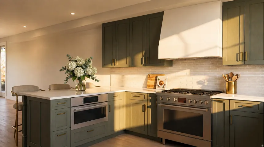 Georgetown B kitchen rendering in Heritage green palette. Stainless steel Bosch appliances