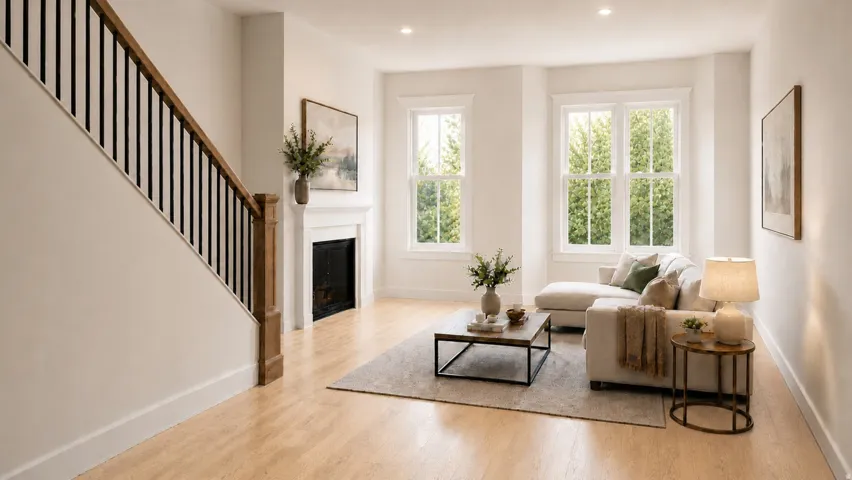 Living area rendering of Georgetown B plan offers large windows for lots of natural light and some units offer fireplace. Unit 102 does not.