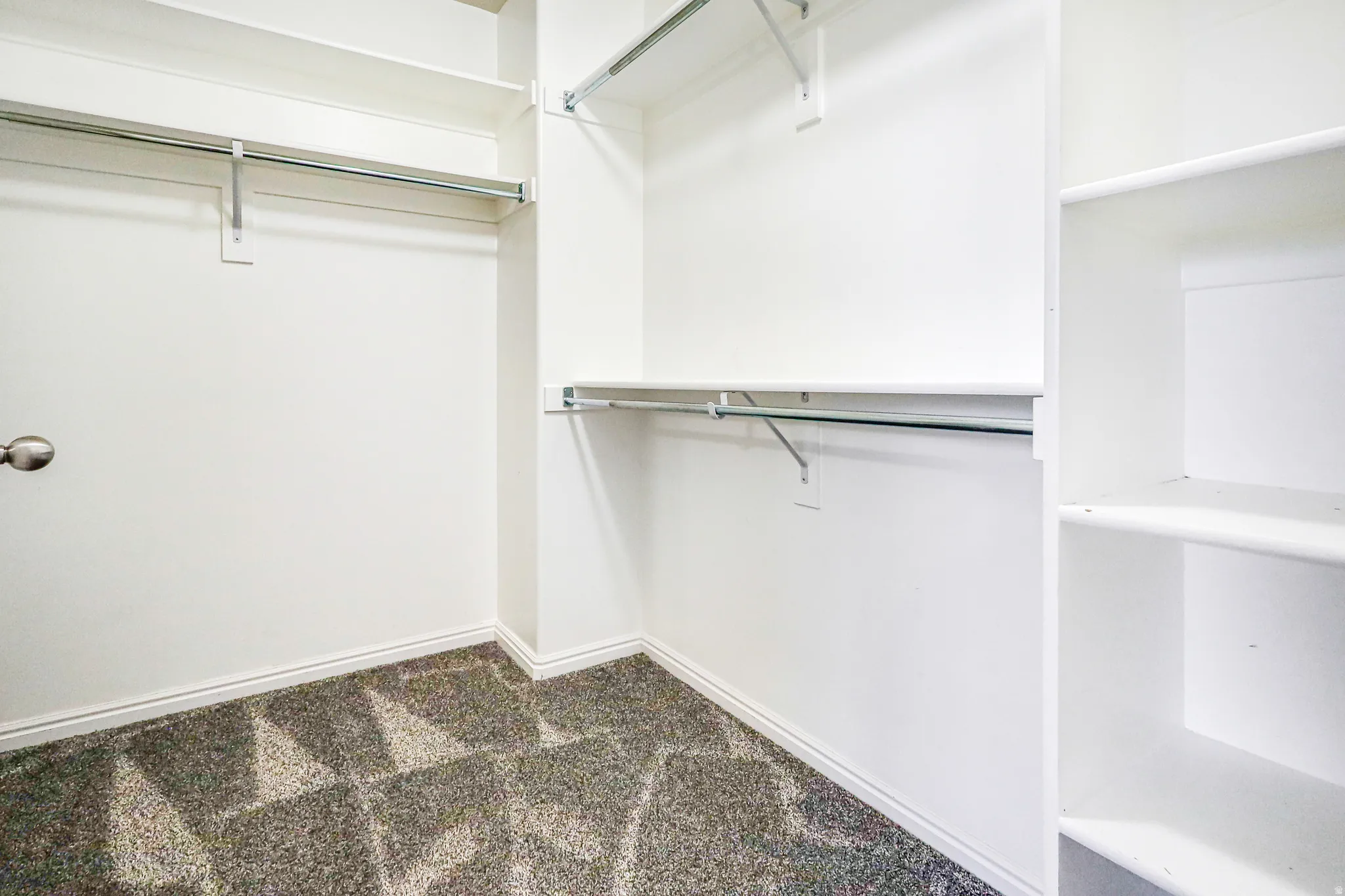 Built-in shelving, multiple hanging rods, and patterned carpeting