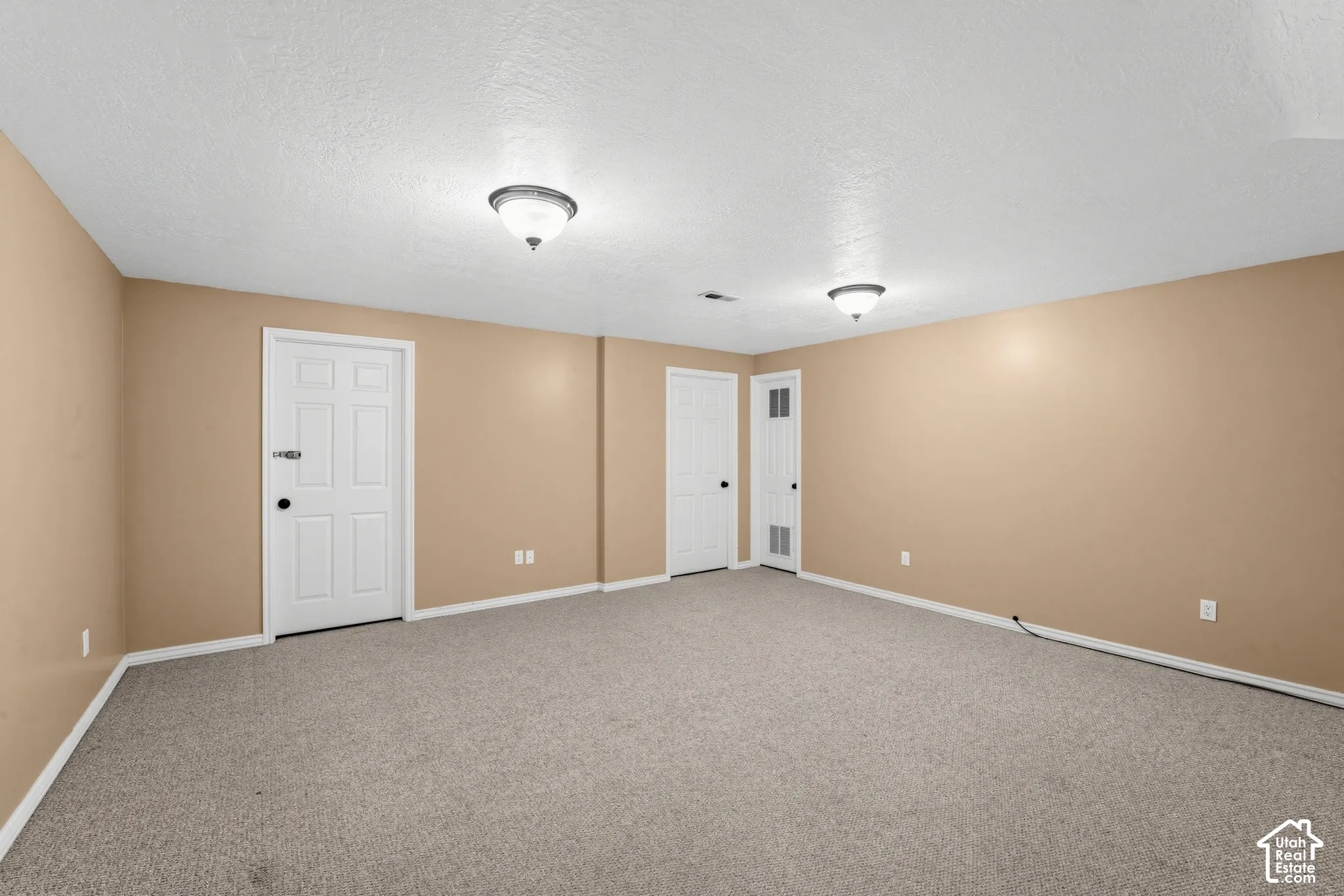 Neutral tone walls, ceiling-mounted light fixtures, textured ceiling, and gray carpeting