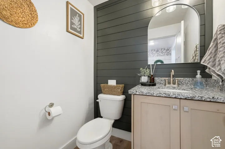 Shiplap accent wall, arched vanity mirror, light wood-finish cabinetry, speckled countertop, and brushed nickel fixtures