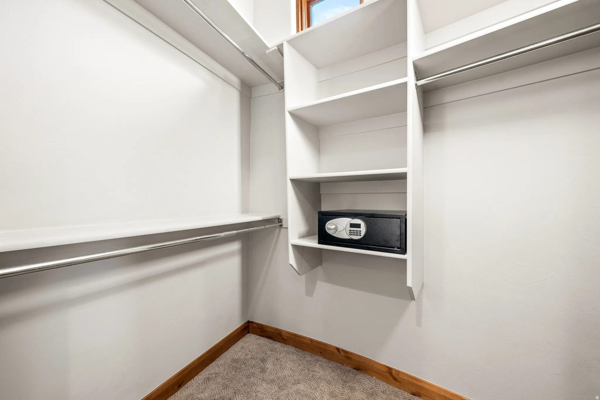 Built-in shelving, hanging rods, carpet flooring, and wood-finish trim