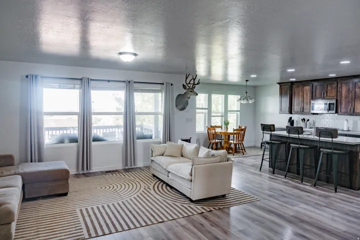 Open concept living area featuring wood-finish flooring, recessed lighting, and a modern kitchen with dark wood cabinetry and a light-colored countertop