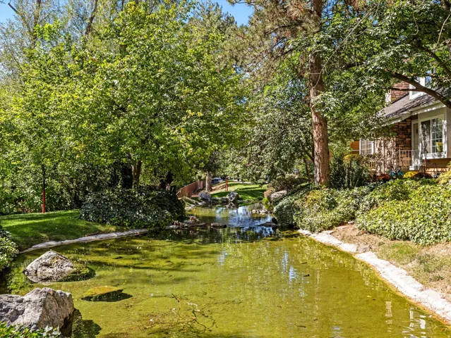 Manicured landscaping, mature trees, and a tranquil water feature with natural rock elements