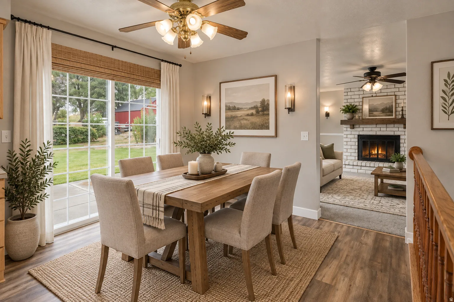 Dining area, digitally decorated with integrated lighting, wall sconces, and a painted brick fireplace
