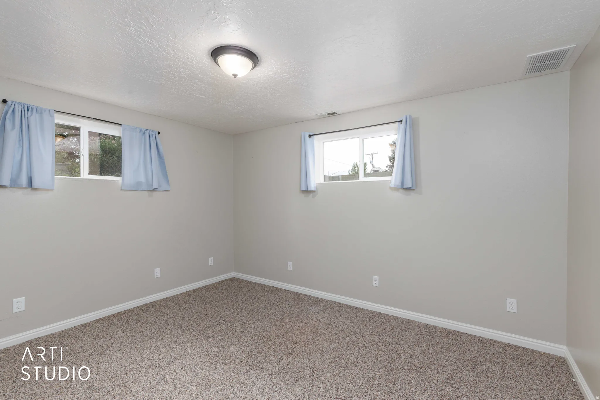 Carpeted flooring, light grey wall paint, two windows, and a flush mount ceiling light fixture