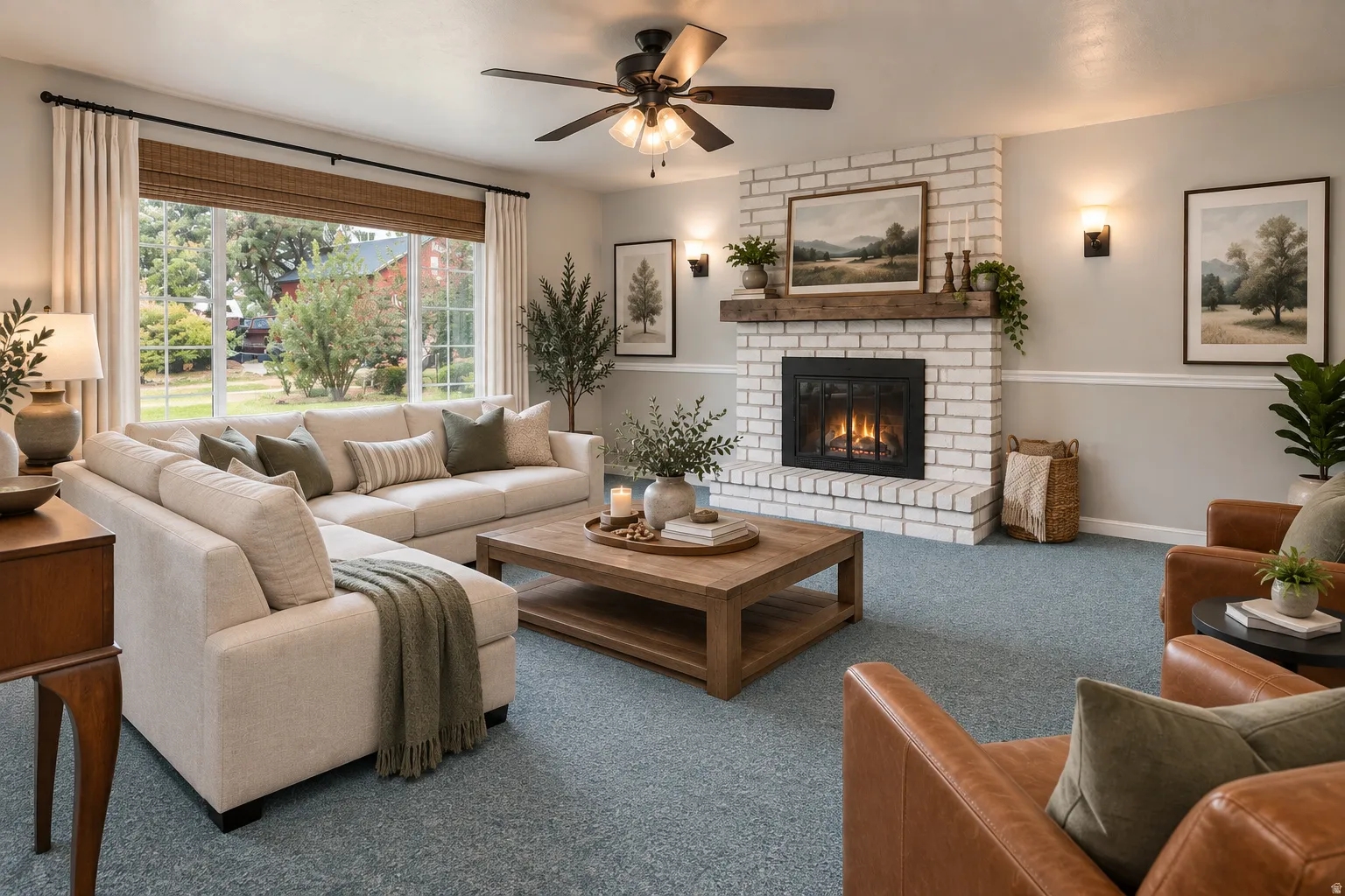 Brick fireplace with a wood mantle, ceiling fan, and large windows