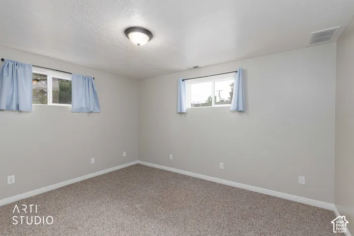 Carpeted flooring, light grey wall paint, two windows, and a flush mount ceiling light fixture