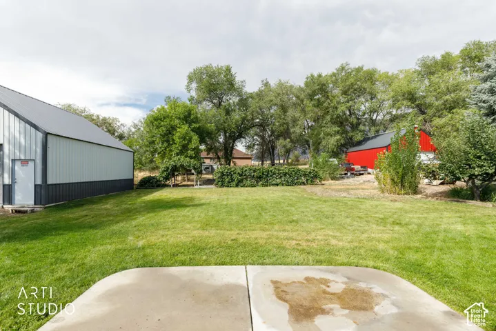 Expansive grassy area with mature trees and a concrete patio