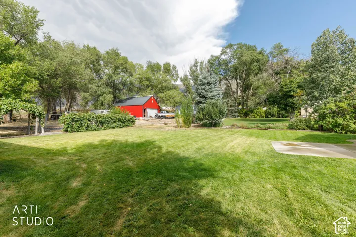 Expansive green lawn with mature trees and garden plot in background.