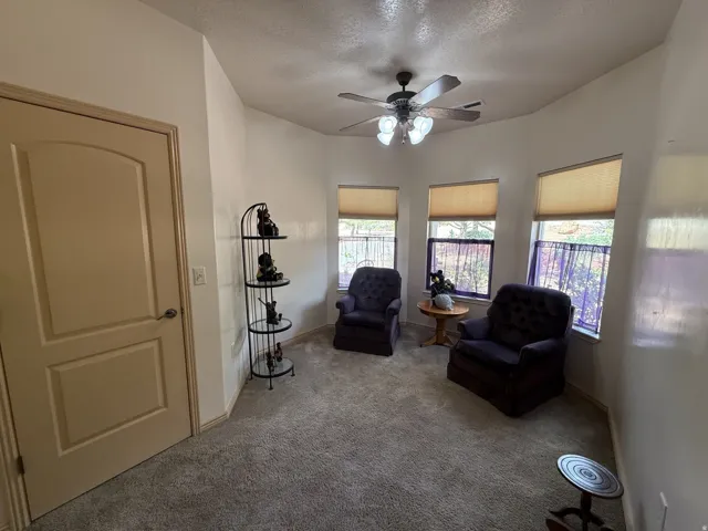 Recessed windows with natural light, textured carpet flooring, and a ceiling fan with integrated lighting