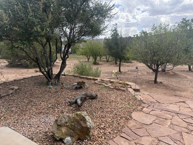 Expansive outdoor space featuring mature trees, a flagstone walkway, and a landscaped rock bed