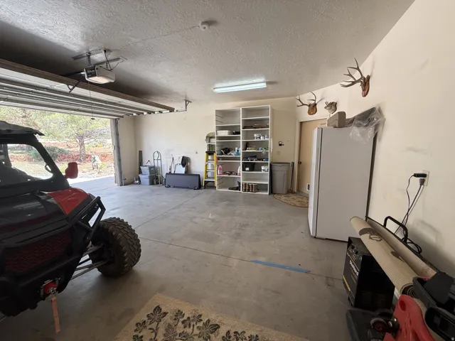 Concrete flooring, overhead lighting, garage door opener, and built-in shelving