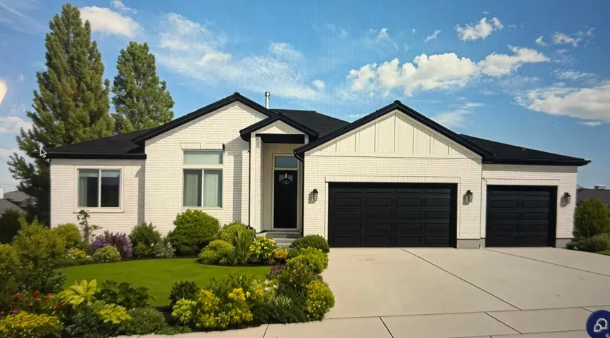 White brick exterior with a black roof, dark garage doors, concrete driveway, and landscaping