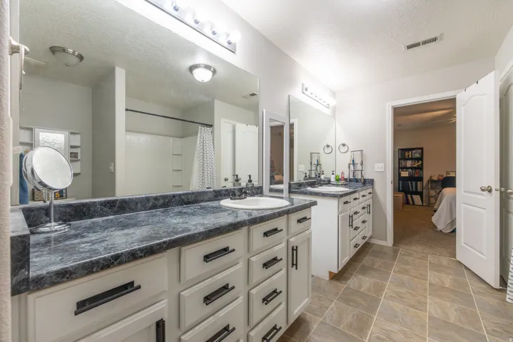 Primary suite offers a dual vanity with tons of counter space & cabinetry, and a shower-tub combination