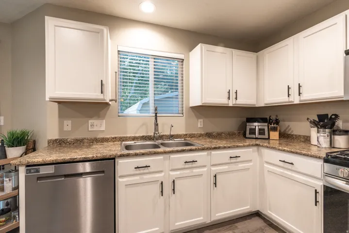 Kitchen featuring white cabinetry with dark hardware, newer stainless steel dishwasher, a double basin sink with a gooseneck faucet