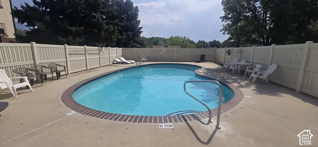 Kidney-shaped swimming pool with concrete decking, surrounded by a light-colored privacy fence