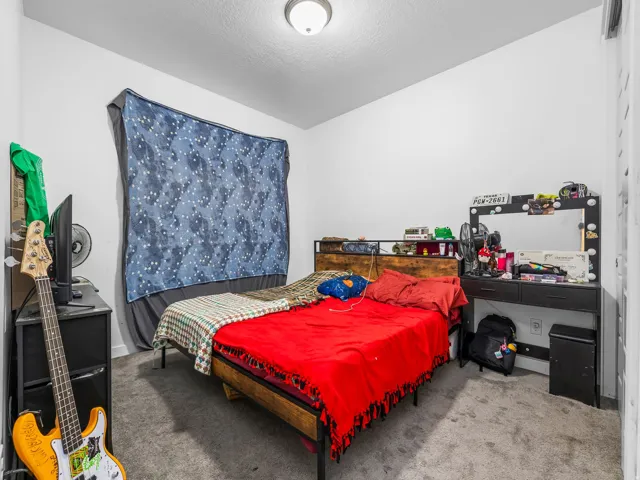 Carpeted flooring, white walls, and a ceiling-mounted light fixture