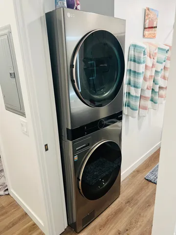 Stackable laundry appliances with stainless steel finish