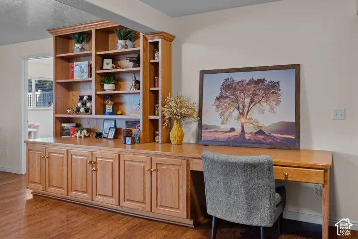 Built-in wood cabinetry with brass hardware, integrated shelving, wood-finish flooring, and a dedicated desk area