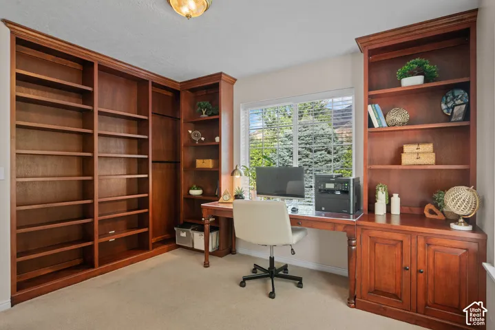 Built-in wood cabinetry with extensive shelving, integrated desk, and window with blinds