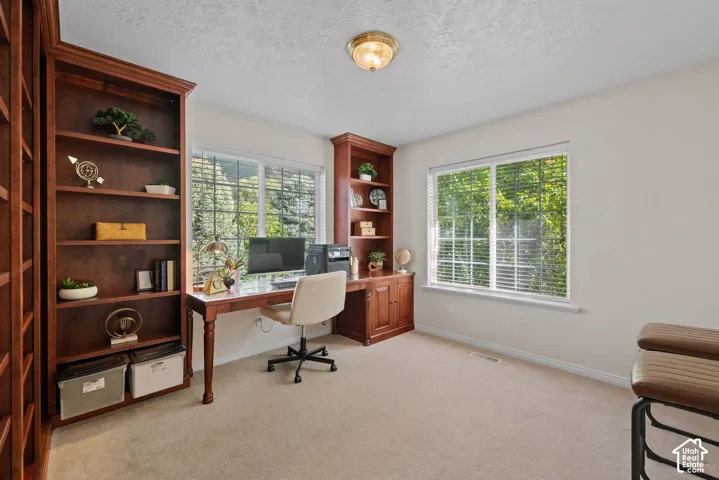 Built-in wood-finish shelving and desk with ample natural light from multiple windows