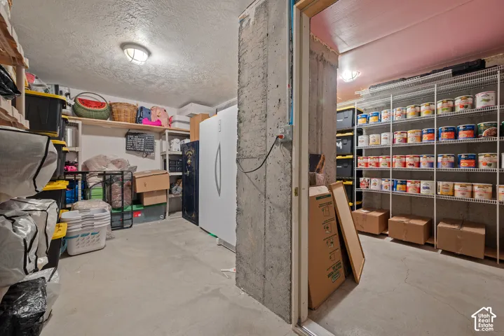 Concrete flooring and walls featuring built-in wire shelving