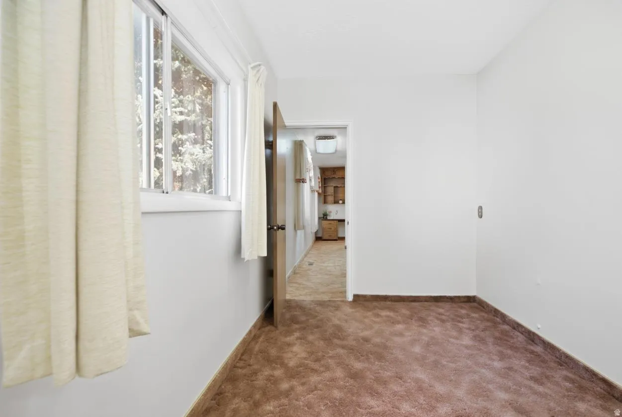 Carpeted flooring, white painted walls, and a window with a white frame