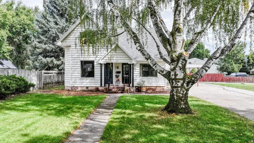 White siding exterior with a prominent birch tree, concrete walkway, and green lawn