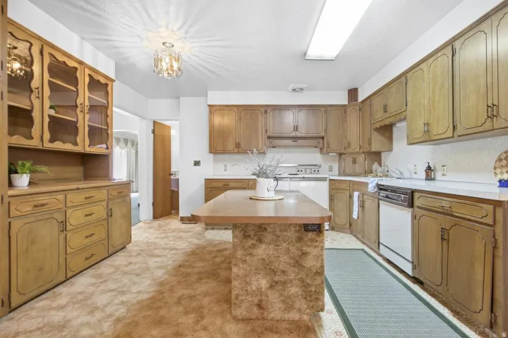 Full-height cabinetry with glass-front uppers, ample counter space, integrated dishwasher, and a central island with an extended countertop