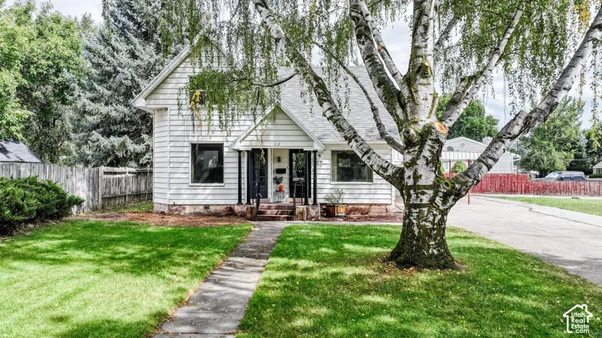 White siding exterior with a prominent birch tree, concrete walkway, and green lawn