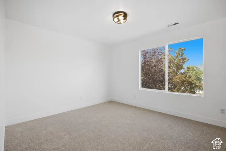 Neutral tone carpet flooring, white walls, white trim, recessed lighting, and a double-pane window