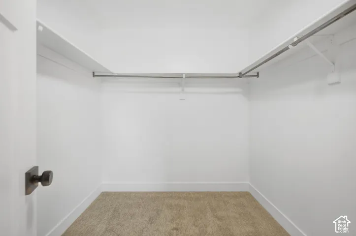 Closet with white walls, light-colored carpet flooring, and integrated shelving and hanging rods