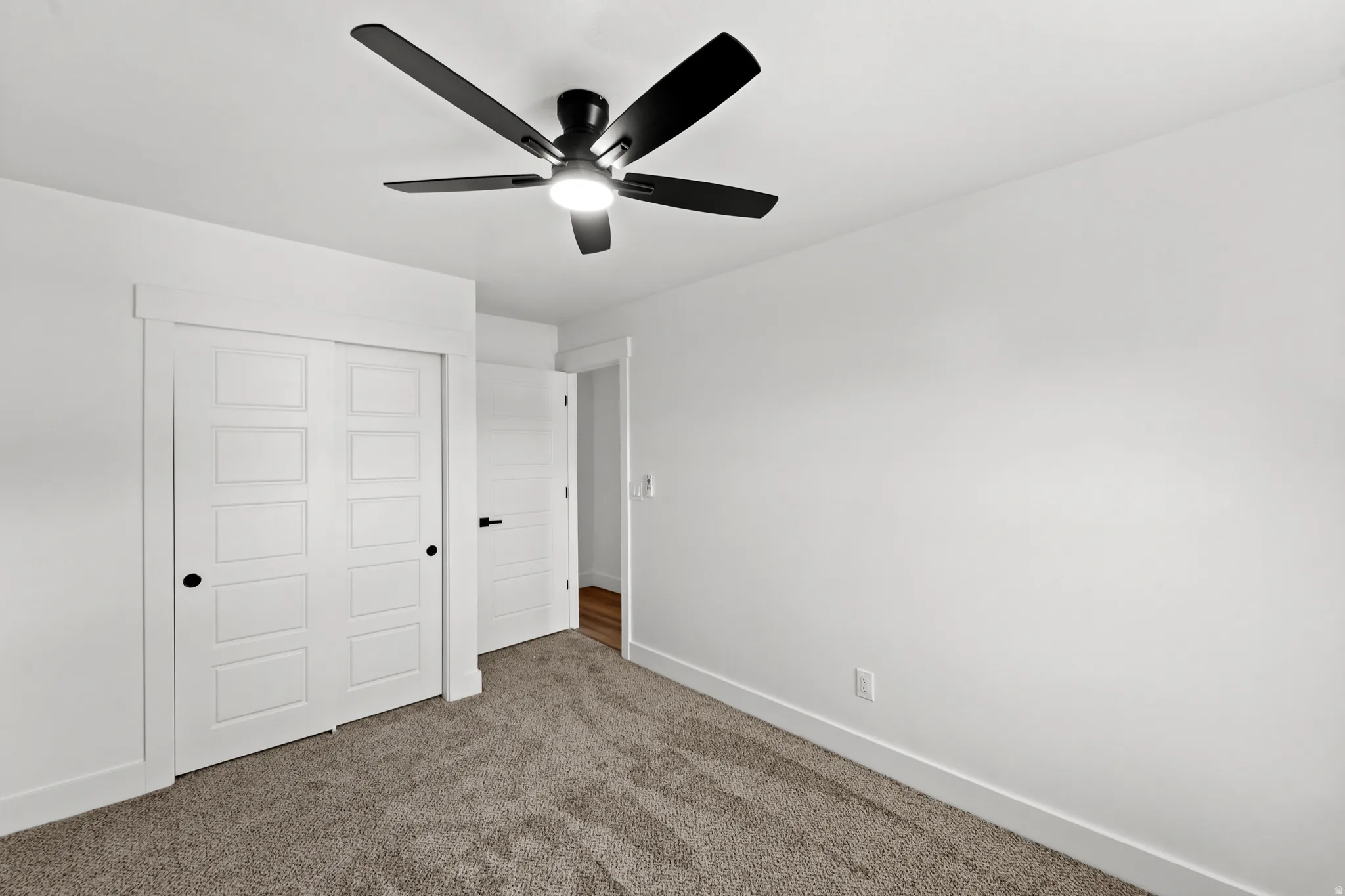 Wall-to-wall carpeting with white baseboards