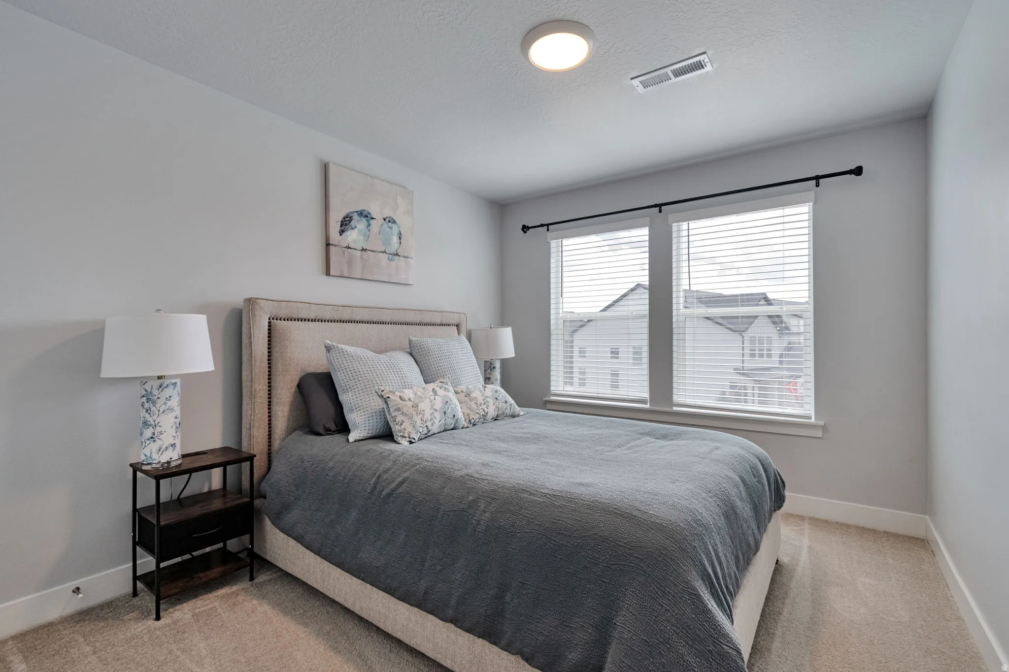 Neutral wall paint, textured carpeting, two windows with blinds, and a flush-mount ceiling light