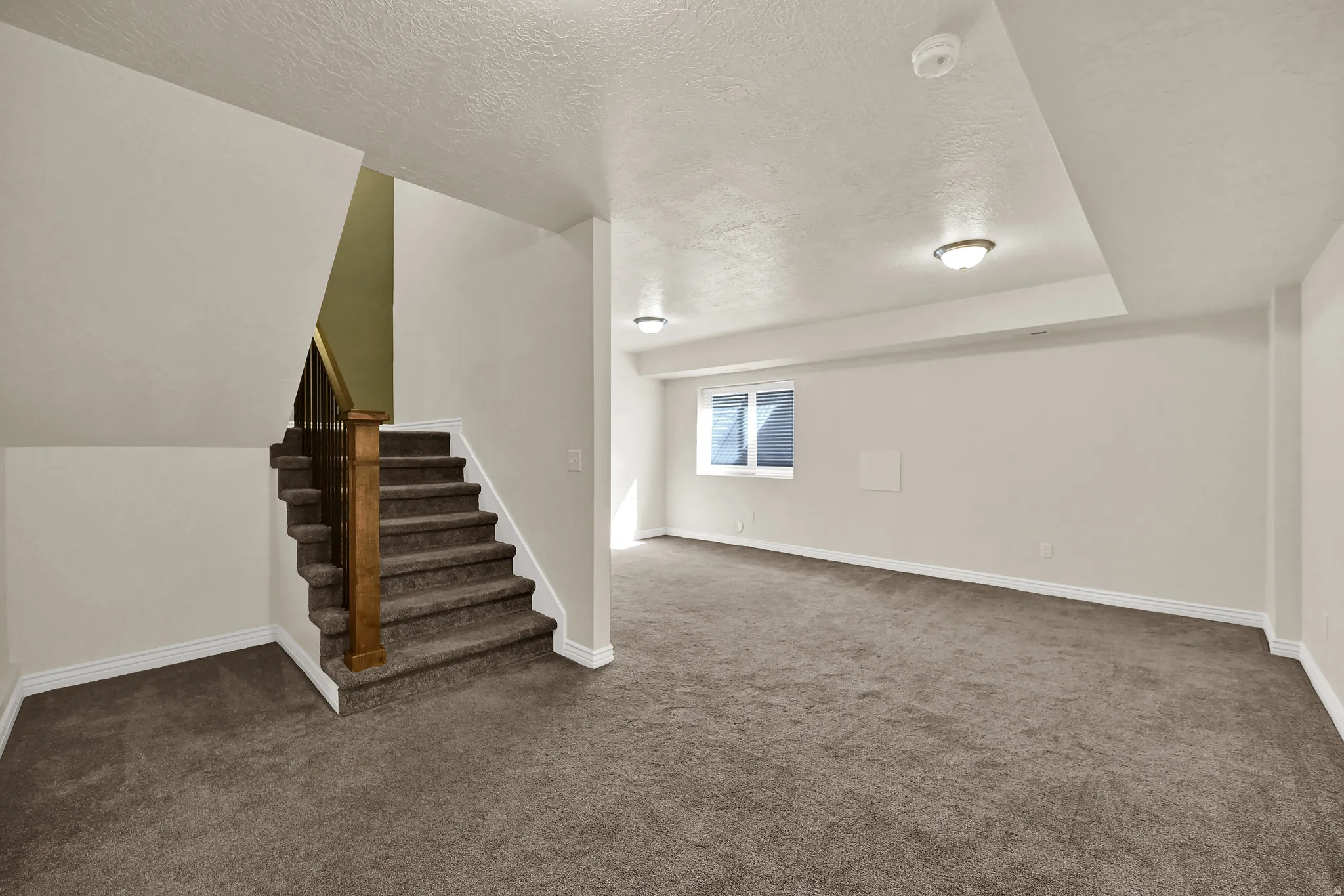 Expansive carpeted area with a window, recessed ceiling detail, and flush-mount lighting