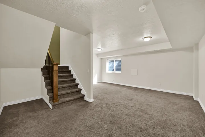 Expansive carpeted area with a window, recessed ceiling detail, and flush-mount lighting