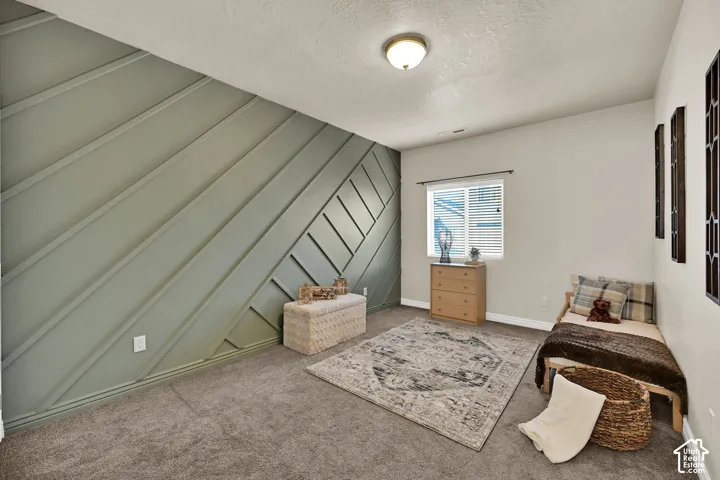 Accent wall with diagonal paneling, neutral wall paint, window with blinds, overhead flush mount light, and carpet flooring