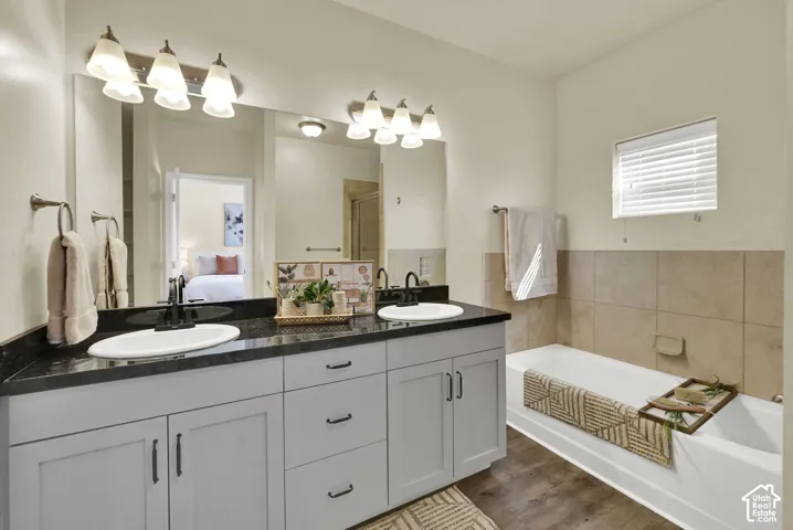 Dual vanity with dark countertops and undermount sinks